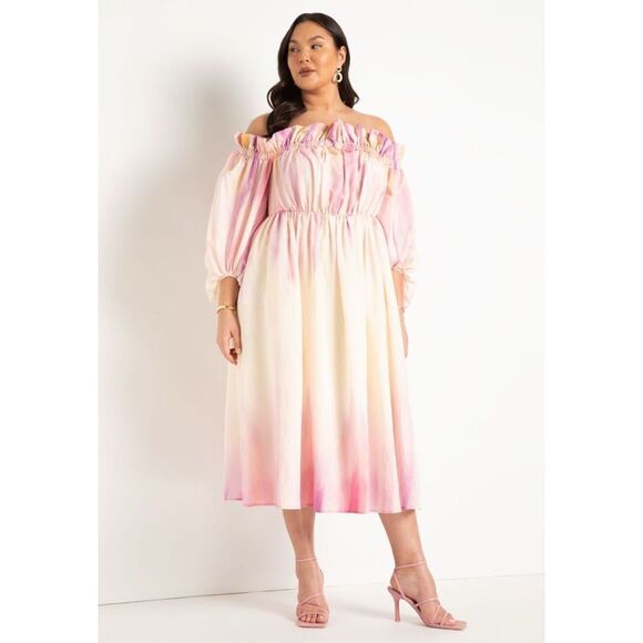 Eloquii Women’s Off The Shoulder Ruffle Pink Purple Yellow Peach Watercolor Dres - Picture 12 of 12